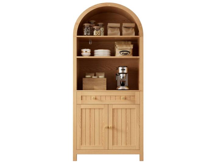 Evryae Buffet mit Bogenfront Gewürzregalen Schublade Doppeltüren Spanplatte Mdf, Naturfarben, Formgebogen, 76x180x40 cm, Esszimmer, Anrichten, Buffetschränke