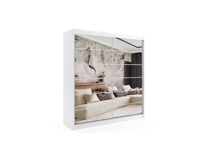 KLEIDERSCHRANK mit Spiegel-Schiebetüren und Aluminium-Leisten - FLORA - 200 cm Weiß