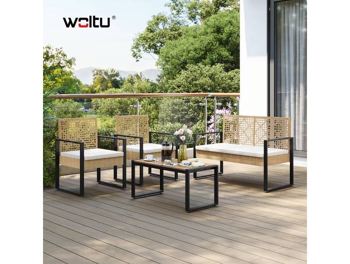 WOLTU Ensemble de meubles de jardin aspect rotin résistant aux intempéries, 1 table d'extérieur, 1 canapé deux places, 2 fauteuils avec coussin pour patio et balcon