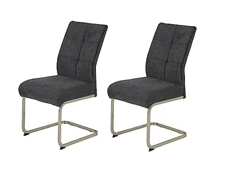 Hela Tische, 2er Set Esszimmerstuhl INES, Schwingstuhl, XL-Stuhl, Webstsoff Anthrazit, Komfortsitz Federkorb, Metallgestell Edelstahloptik