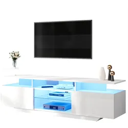 STILVORA TV Lowboard 160x40x45 cm mit LED-Beleuchtung 8 Ablageflächen 2 Schränke Hochglanz Front Weiß MDF Hartglas standfest