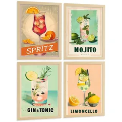 POSTER 4er Set Cocktail-Wandbilder Mojito Gin Tonic und Limoncello Vintage Retro Küche Bar Deko Leichter Holzrahmen A3