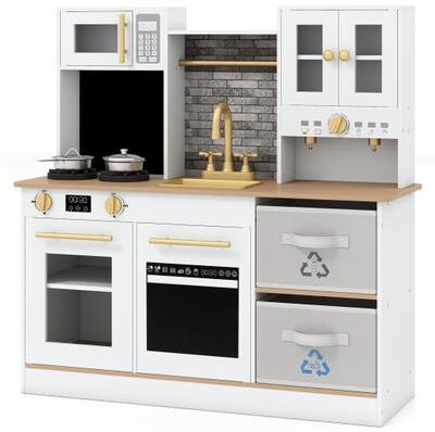 Costway Kids Wooden Kitchen Playset with Stoves Sound Light for 3+ Years Old-White