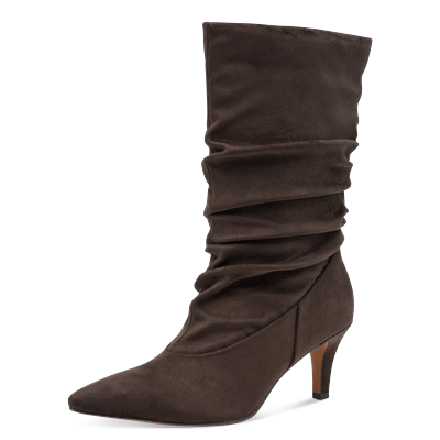 Stiefel MARCO TOZZI, Damen, Gr. 40, braun (dunkelbraun), Textil, unifarben, Schuhe Stiefel, Trichterabsatz, Kurzstiefel im Slouchy-Falten-Look