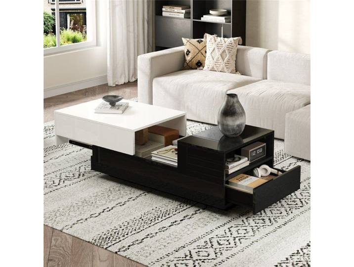 Table Basse Extensible Laque Brillant Moderne avec Rangement Tiroir Étagère Ouvertes Table Basse Salon 100x50x38 cm Noire Blanc