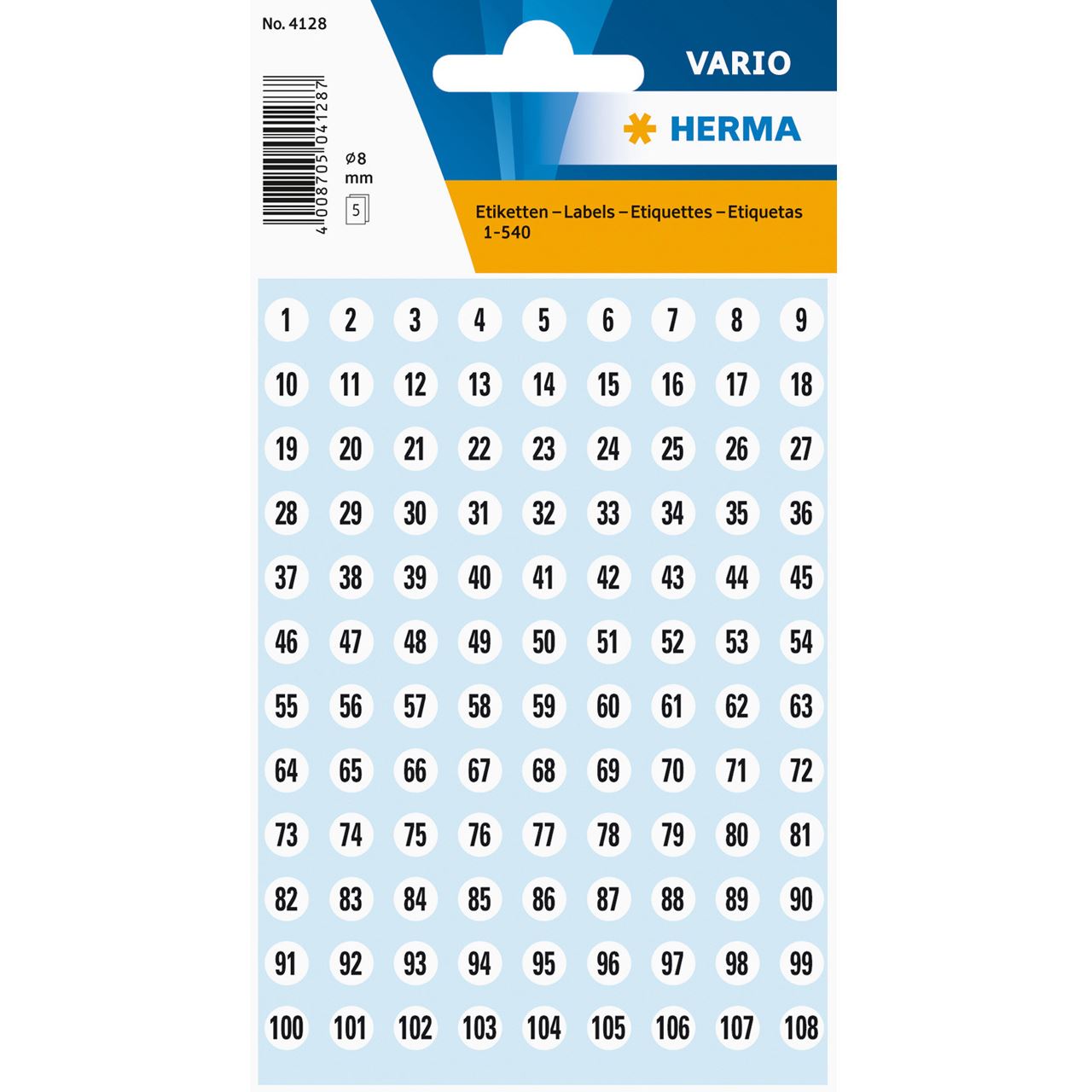 HERMA Zahlen-Sticker 1-540, Durchmesser: 8 mm, weiß