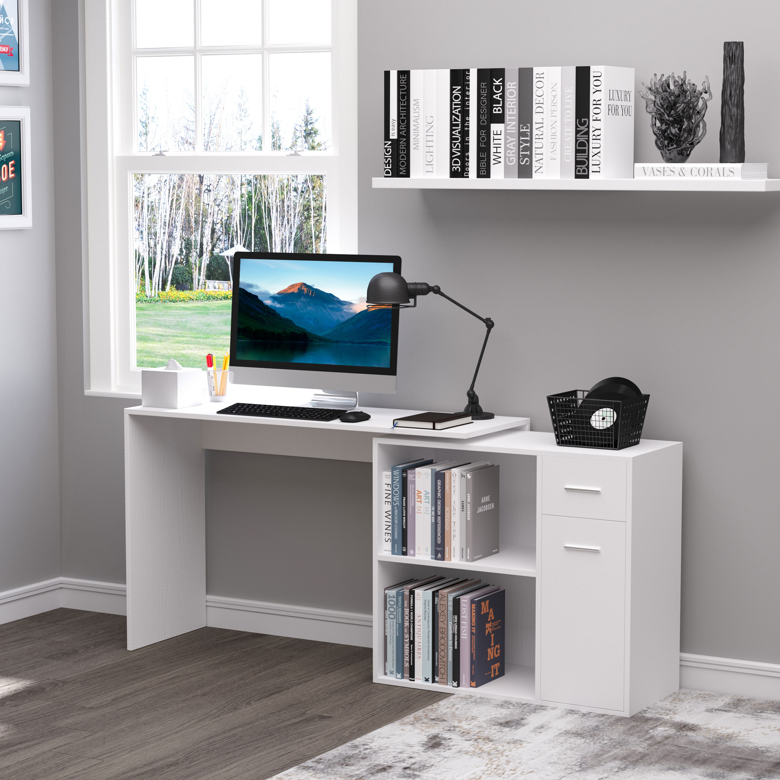 Homcom Scrivania Angolare con Libreria Scaffale in Legno Bianco, Tavolo da Pranzo per Computer Rotazione a 360° Aosom