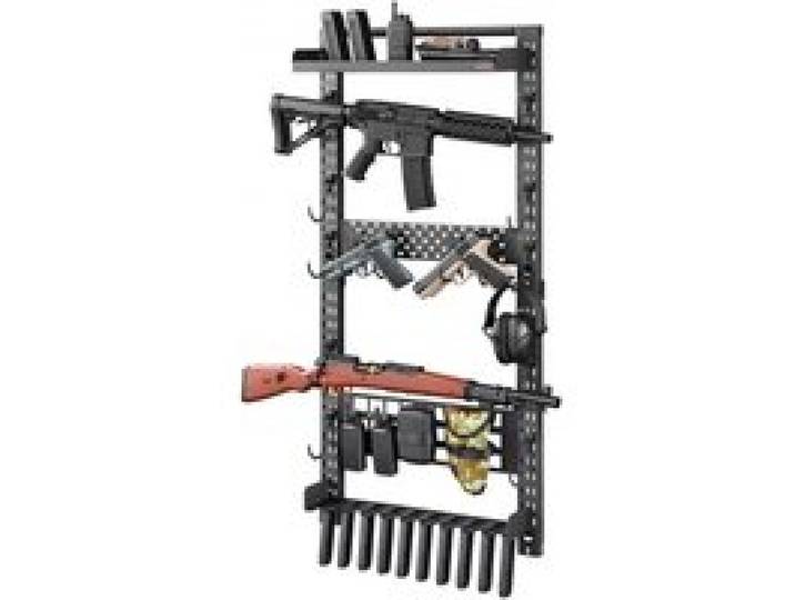 VEVOR Support Mural pour Armes en Acier, Porte Fusils Capacité 5 Fusils, pour Rangement Carabines Pistolets Maison Bureau Magasin, Râtelier d'Armes Horizonal avec Porte-chargeurs et Panneau MOLLE