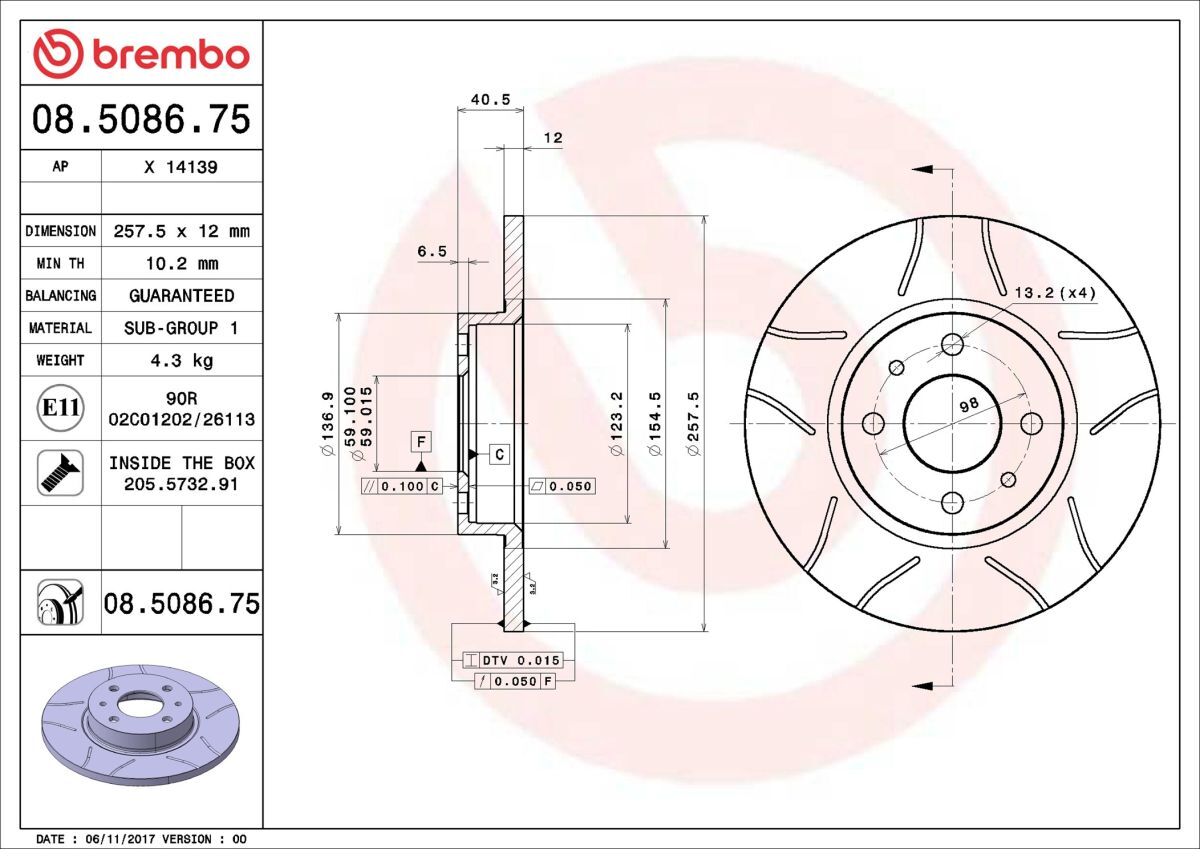 Bremsscheibe BREMBO 08.5086.75, vorne, geschlitzt, voll, 1 Stück