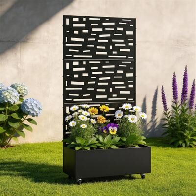 Uixe Rectangular Decorative Metal Privacy Screen with Planter Box Wheels