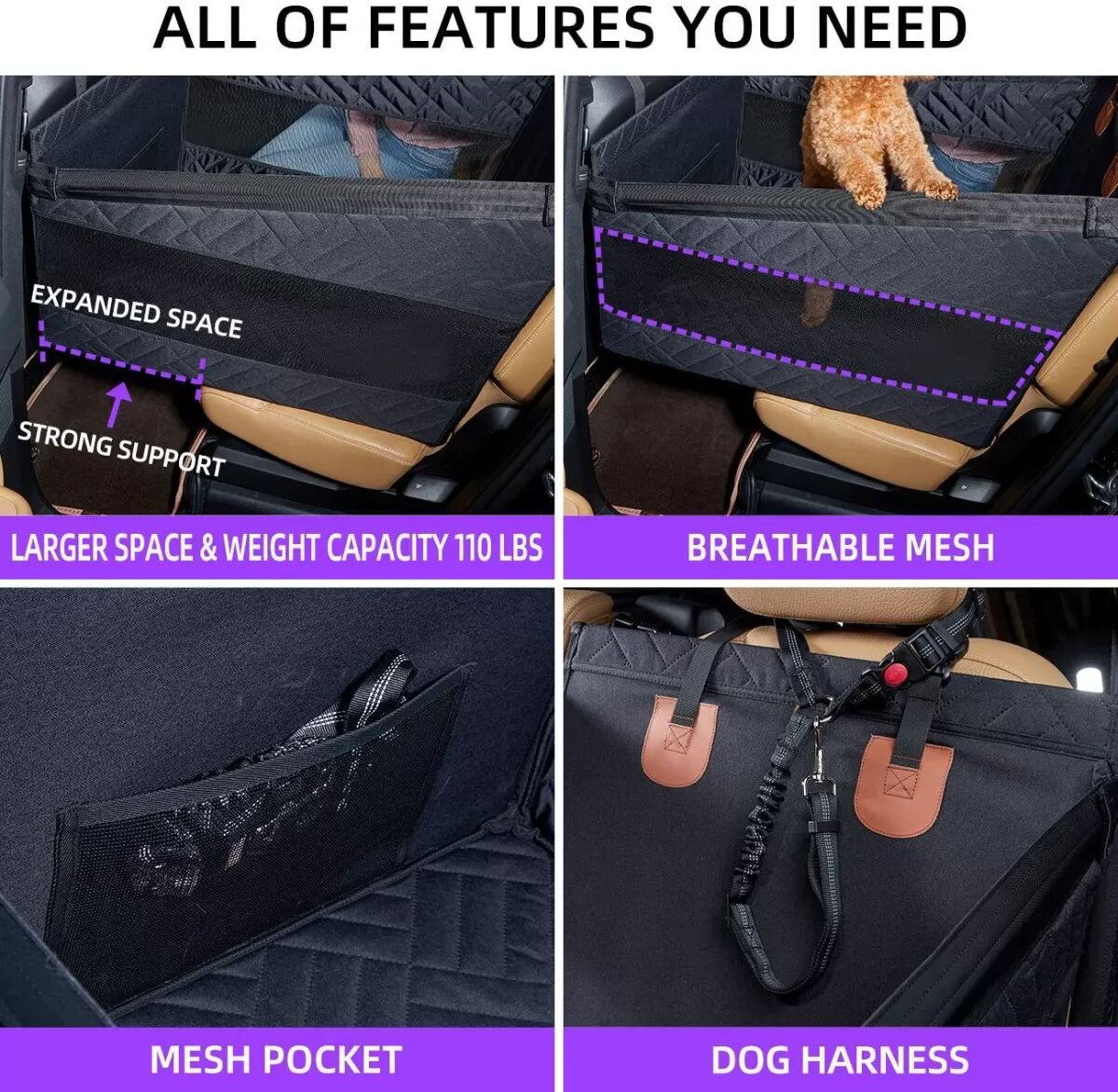 INF Housse de siège hamac arrière noir pour animaux de compagnie : Imperméable et anti-rayures pour voyages avec chiens,