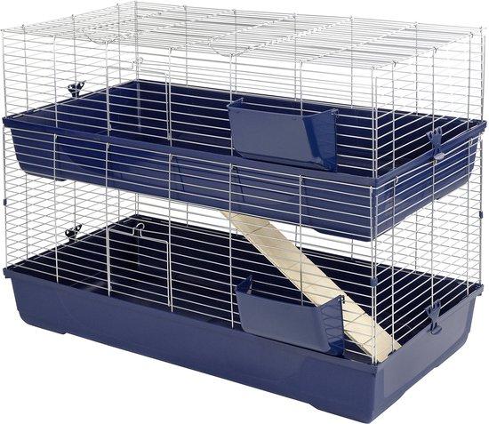 Ibenzoa Doppel-Etagen-Käfig für Kaninchen & Meerschweinchen, 120 x 58 x 86 cm - Kunststoffboden, 2 Etagen mit Heuraufen, klappbares & abnehmbares Gitter, Gitterabstand 2,2 cm