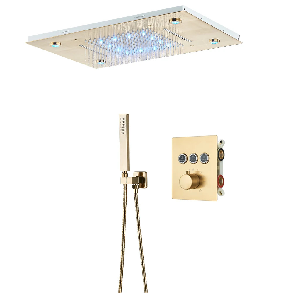 Duscharmatur Set, Thermostatsteuerung, LED Regendusche, Gebürstetes Gold Set