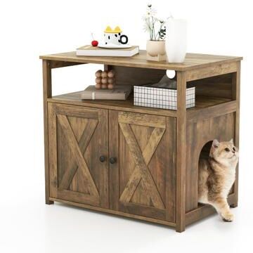 Costway Cat Litter Box Enclosure with Double Barn Doors, Divider, Side Entry and Storage Shelf