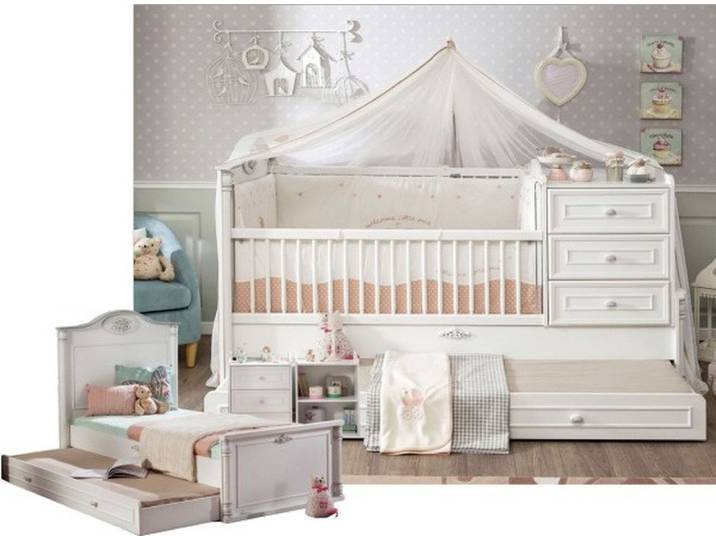 Möbel-Zeit Babybett ROMANTIC mitwachsend, 80x130-180 cm
