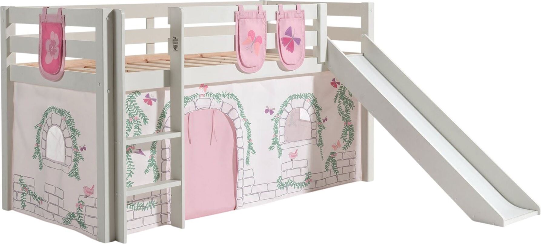 Kinderbett mit Rutsche Karolina Massivholz Weiß Textilset Burg 3