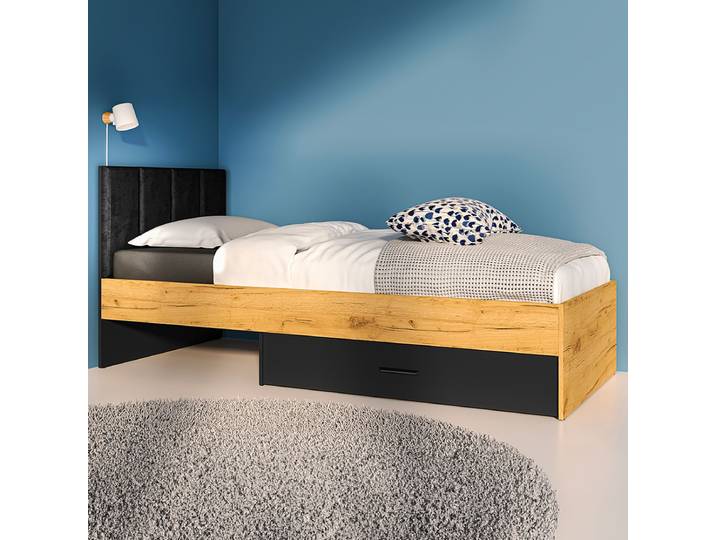 Lit 90x200 sommier et tiroir inclus Zoran Noir et Bois