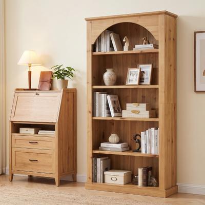 YUZHOU 5-Tier Tall Farmhouse Solid Wood Arched Bookcase