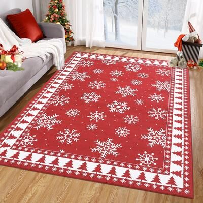 Garvee Christmas Snowflake Xmas Tree Border Area Rug