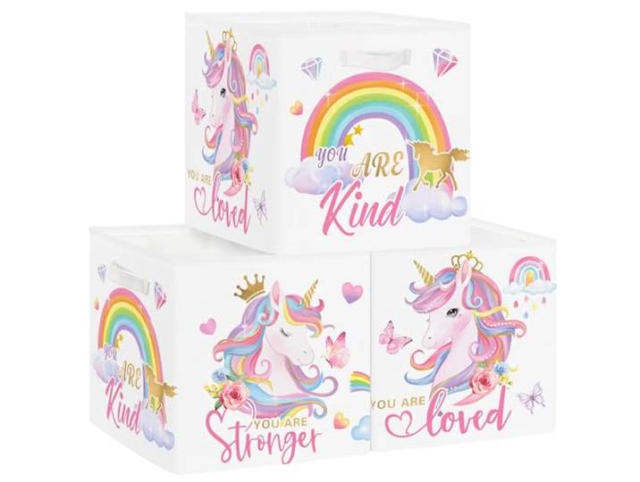 Clastyle Lot de 3 Boite Rangement Tissu Licorne Cube de Rangement Pliable Panier Kallax pour Salle de Bain\, Diamant\, 30x30x30 cm