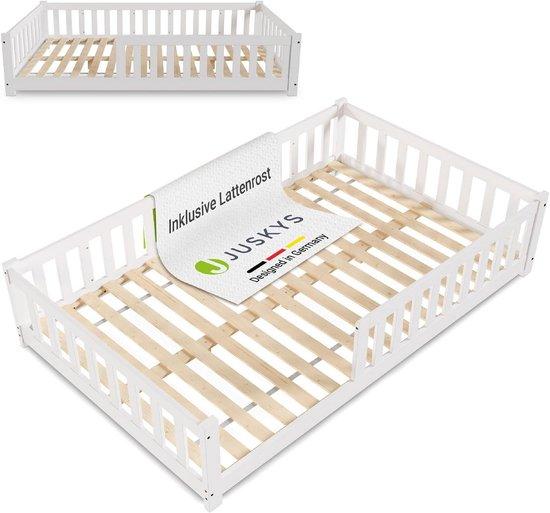 Famanu Kinderbett mit Absturzsicherung - Niedriges Bett - Sicheres Schlafen - Massives Holzrahmen - 120x200 cm - Weiß
