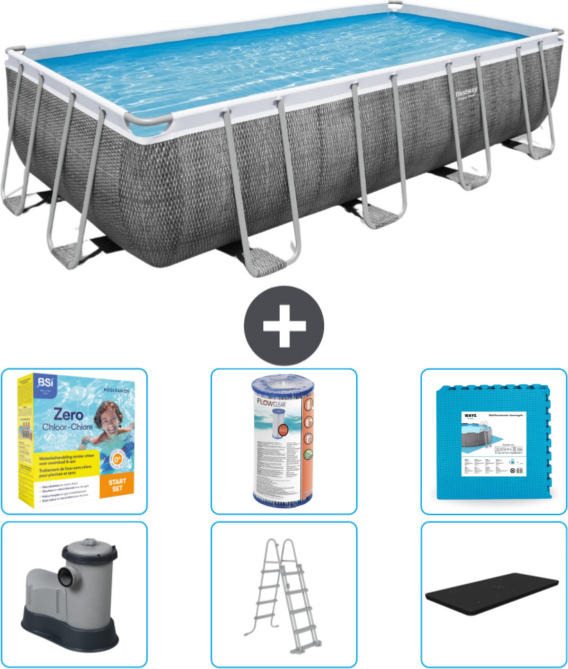 Bestway rechteckiges Power Steel-Schwimmbecken - Rattan-Druck - 549 x 274 x 122 - inklusive Pumpe - Leiter - Abdeckung Wartungspaket - Filter - Bodenfliesen