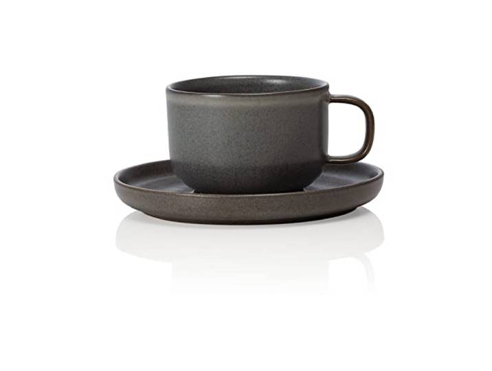 ROCKZZERO 6 Espressotassen und Untertassen im Set - Steingut, spülmaschinenfest - Tassen aus umweltfreundlichen Rohstoffen - Dunkelgrau - 9 cl - Unterteller 11,5 cm Durchmesser