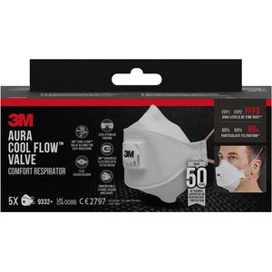 3M Atemschutzmaske Aura 9332+, FFP3 NR, mit Ventil, 5 Stück