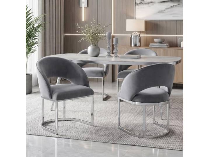 Merax 4er Set Esszimmerstühle mit Samtbezug, geschwungener Form, versilberten Beinen – Grau+Silber