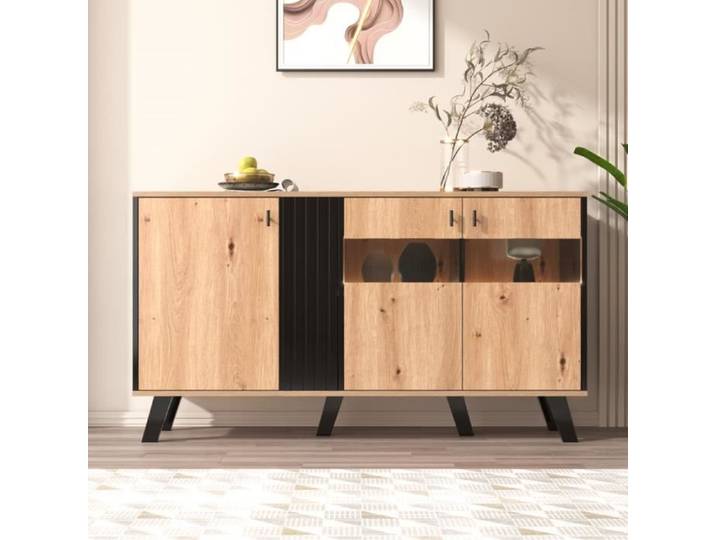 Buffet 140x78x41cm - 2 portes - Bois naturel - Lumières LED
