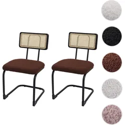 2er-Set Freischwinger-Stuhl HWC-K88, Stuhl Lehnstuhl, Holz Rattan Metall Bouclé ~ Stoff/Textil braun