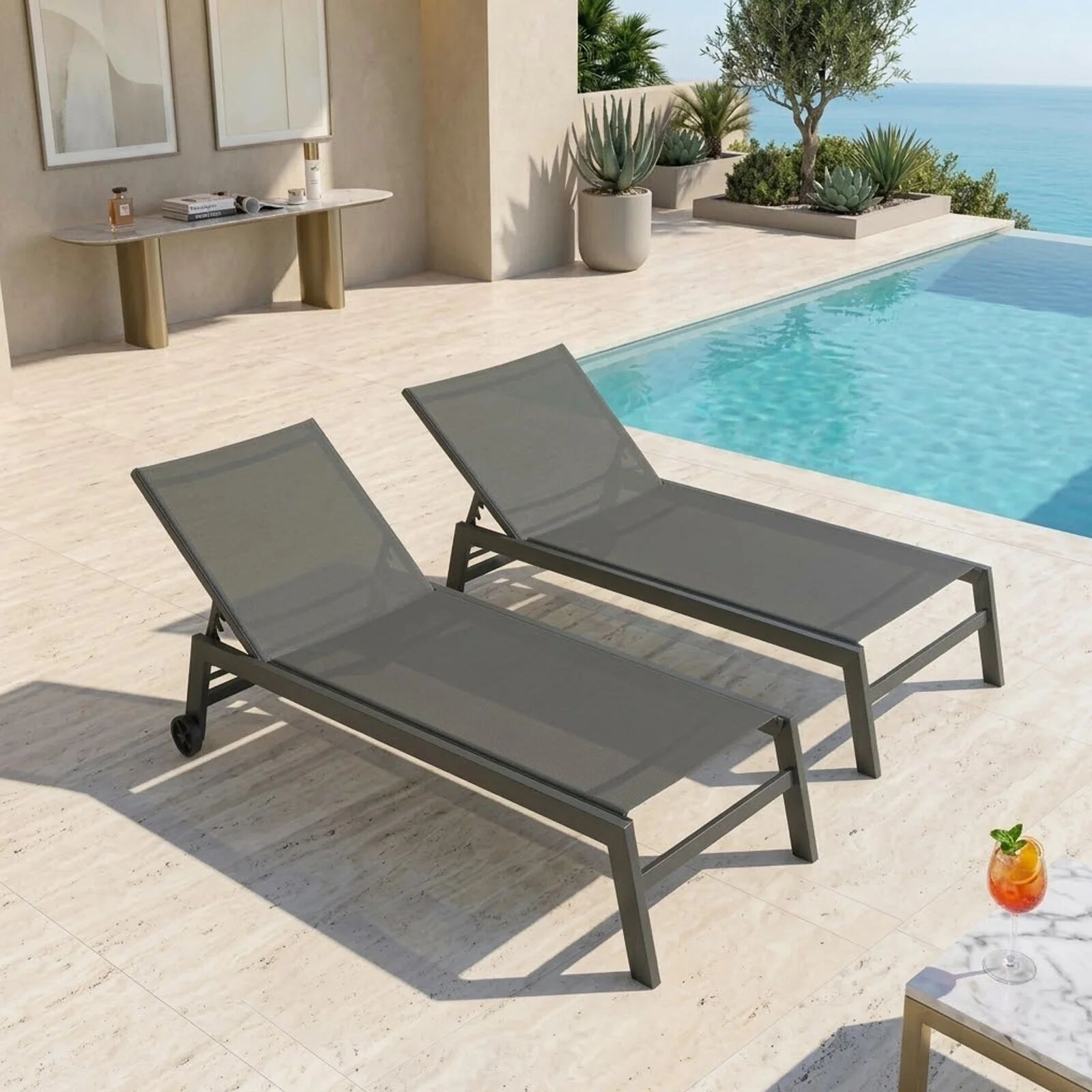 garneroarredamenti Set 2 lettini prendisole da giardino con ruote in alluminio e textilene antracite Lido