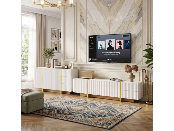 Ensemble Meuble TV 190cm et Buffet 140cm Grand Rangement Façades Cannelées Blanc et Or Push-to-Open - Blanc et Chêne