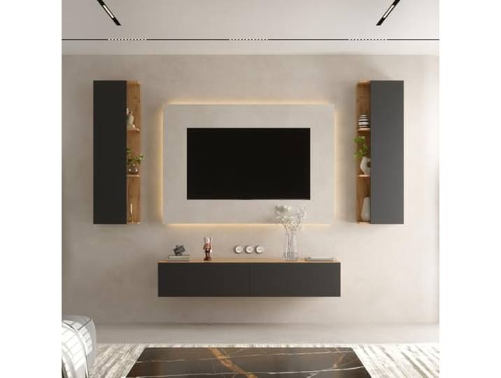 Planetmöbel TV-Schrank, Fernsehtisch 160 cm lang, 2X TV-Schrank 40 x 130 x 17 cm hängend, Fernsehschrank für Wohnzimmer, 1x TV Lowboard 160 x 30 x 37,8 cm, Gold Eiche Anthrazit