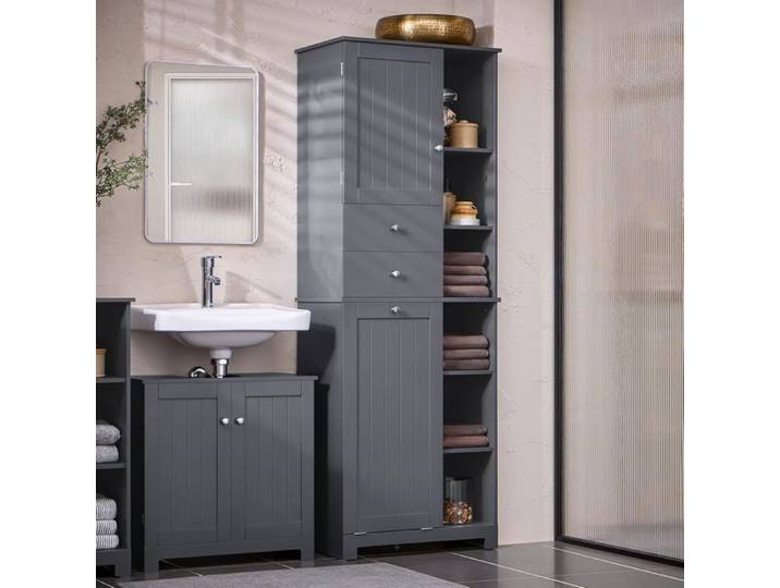 SoBuy Colonne Salle de Bain avec 2 Portes 2 Tiroirs 6 Étagères et Panier à Linge Grand Rangement 60x37x170cm BZR104-DG