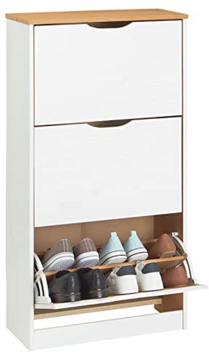 Wit/bruine houten schoenenkast met 3 kleppen voor maximaal 18 paar schoenen