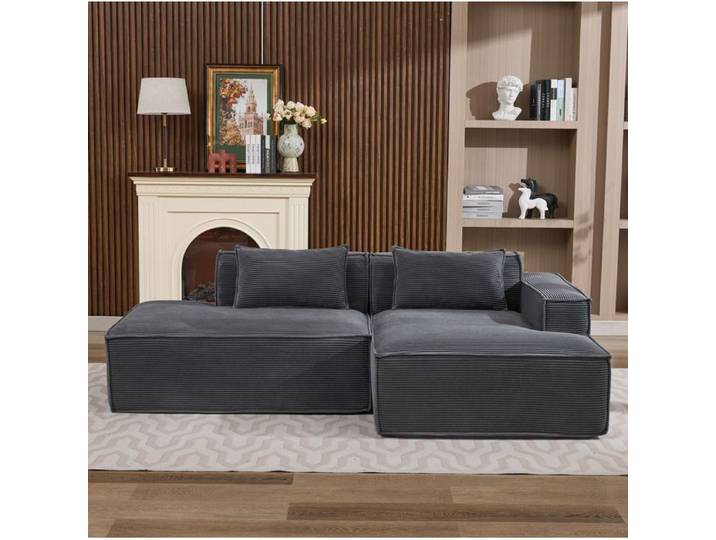WOVREO Canapé d'angle fixe 2 places 235 cm en polyester gris avec 2 coussins et ressorts ensachés