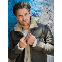 emilio adani Herren Lederjacke mit Details aus Fell-Imitat Braun regular uni Stehkragen - 50