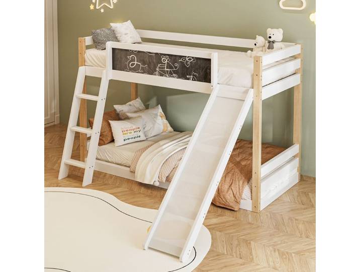 ancien SKU:W1880S00036 Lit d'étage pour enfants avec glissière et escalier cadre en bois + PB stable grille protectrice à 4