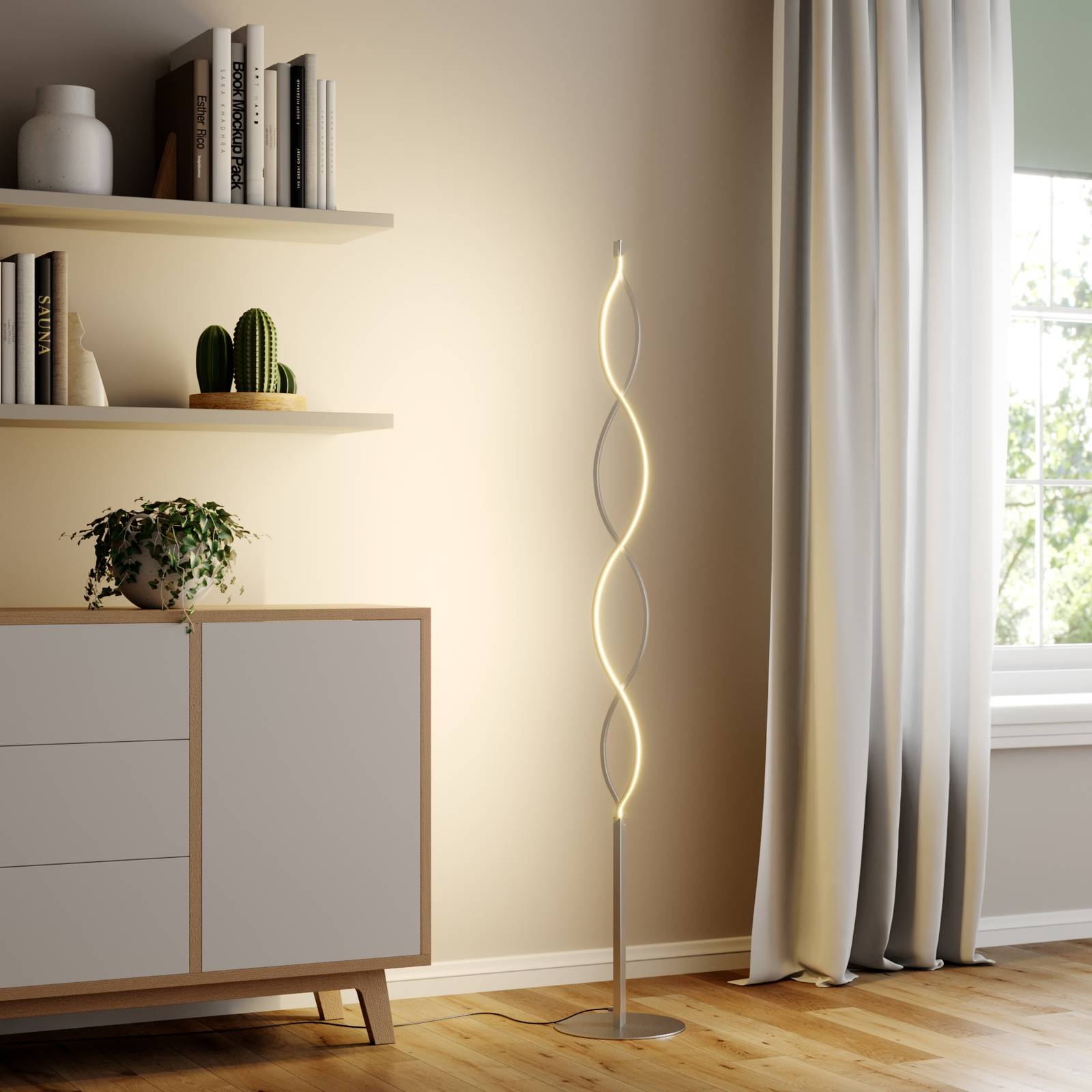 LED Stehlampe Auron Lindby, dimmbar, alu / grau / zink, für Wohn- / Esszimmer, Kunststoff, Modern