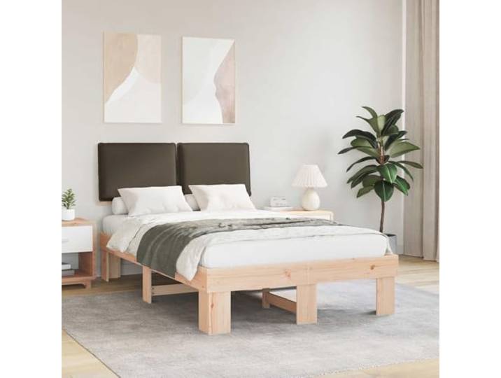 RJPLMFV Bettgestell, Kiefernholz, massiv, mit gepolstertem Kopfteil, Taupe, 120 x 200 cm