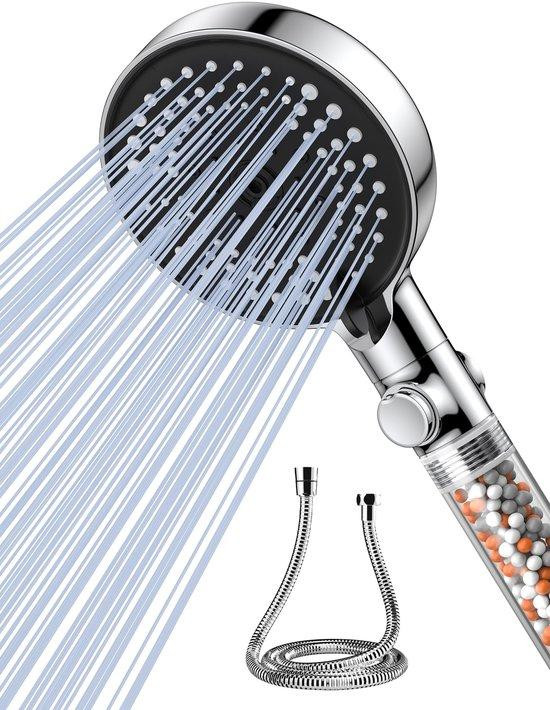 Unyqoos Handdouche met drievoudig filtersysteem, waterbesparend met hoge druk, 6 straalpatronen, stopfunctie en 1,5 meter roestvrijstalen slang