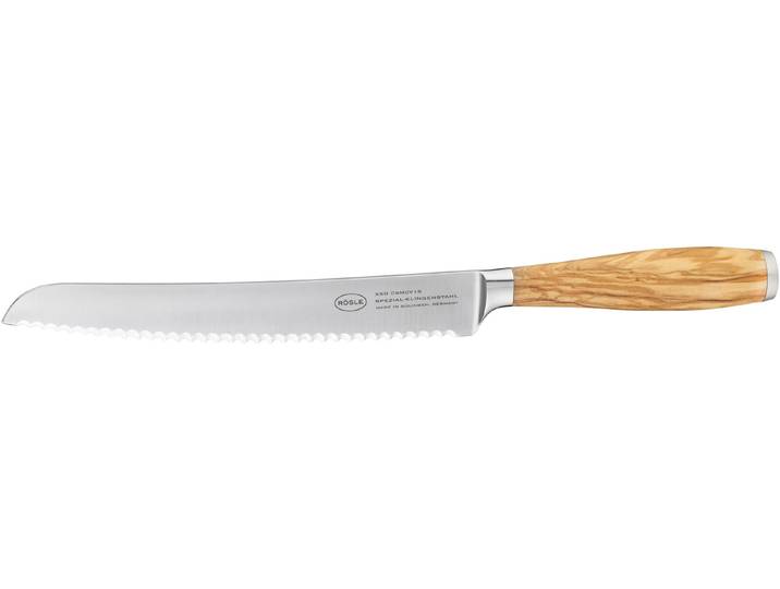 Brotmesser RÖSLE Artesano , braun (holzfarben, silberfarben), Klingenlänge 22cm, Olivenholz, Spezialklingenstahl, Kochmesser, Brotmesser, mit Wellenschliff, Made in Solingen, Klingenspezialstahl, Olivenholz