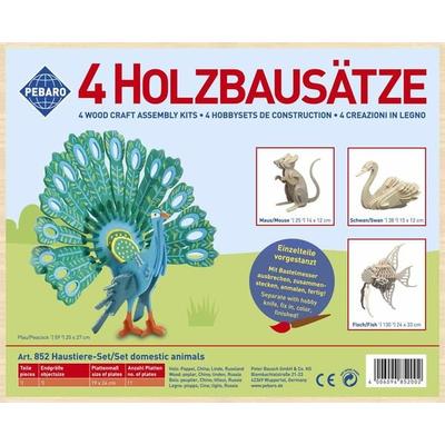 PEBARO 852 - Holzbausatz Haustier-Set, Pfau, Fisch, Maus, Schwan, 4 Holzkonstruktionen zum Zusammenstecken