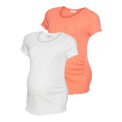 Umstandsshirt NEUN MONATE "2er Pack Schwangerschafts-Shirts", Damen, Gr. 36/38, weiß (aprikot, weiß), Rippware, Obermaterial: 100% Baumwolle, unifarben, Basic, sehr figurbetont hüftlang, Rundhals, Shirts Umstandsshirt, T-Shirts für Schwangerschaft...