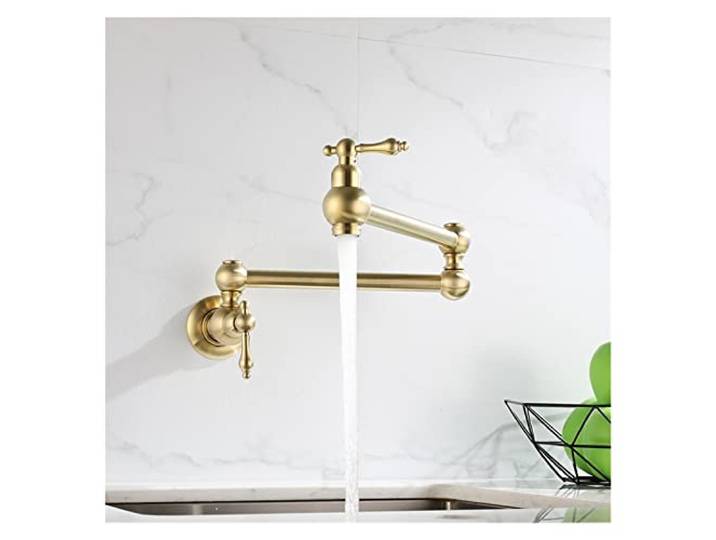 Drehhahn, Topffüllhahn Wandmontierter faltbarer Küchenarmatur aus gebürstetem Gold Single Cold Sink Tap Drehen Sie den Klappauslauf Chrommessing(Shinning gold)