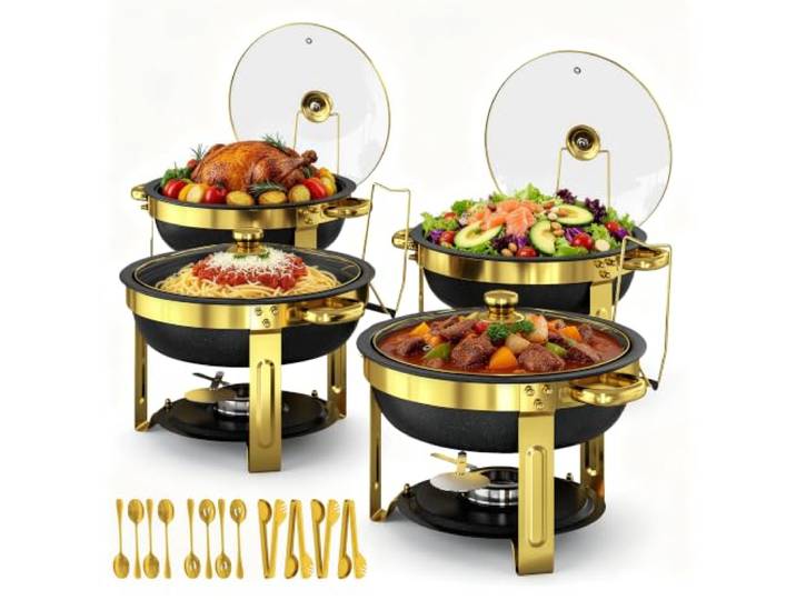 EffiQ-Rate 4Stück Chafing Dish Set Rund 5QT Schwarz Maifanite Beschichtung Edelstahl Speisenwärmer mit Glasdeckel, Komplettset mit Besteck, Schwarz, Temperaturerhaltung, für Buffet, Partys, Catering