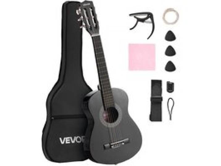 VEVOR Concertgitaar, 780 mm, Houten Klassieke Gitaar Starterset voor Beginners, met Nylon Snaren, Gigbag, Riem, Tuner, Extra Snaren, Plectrums, Capo, Lindehout, voor Beginners, Zwart