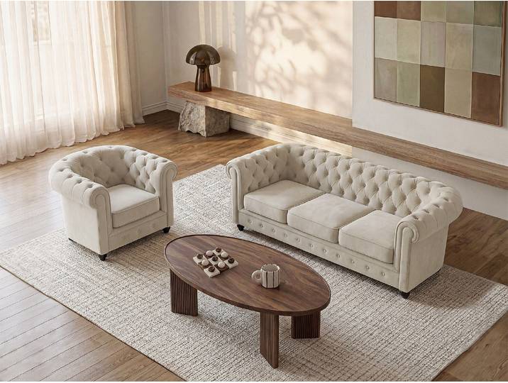 Sofa 3-Sitzer & Sessel - Samt - Beige - CHESTERFIELD