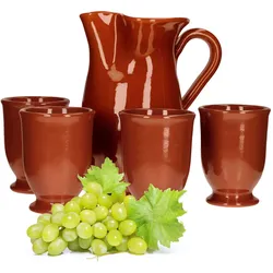 5tlg. Tongeschirr Set Tonkrug 1L + 4 Tonbecher 175ml braun glasiert